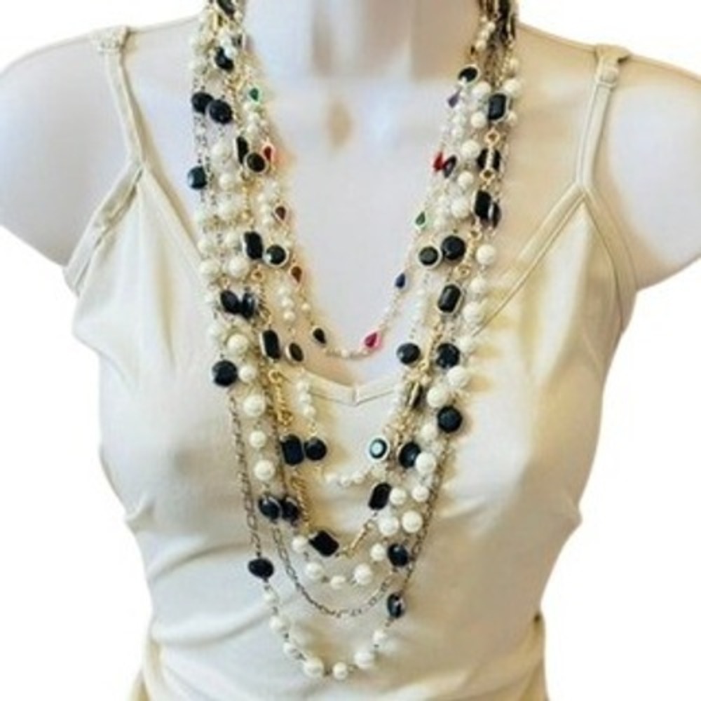 VTG Open Bezel Necklace Set Lot Of 4 Pearl Acrylic Silver Gold Costume Jewelry